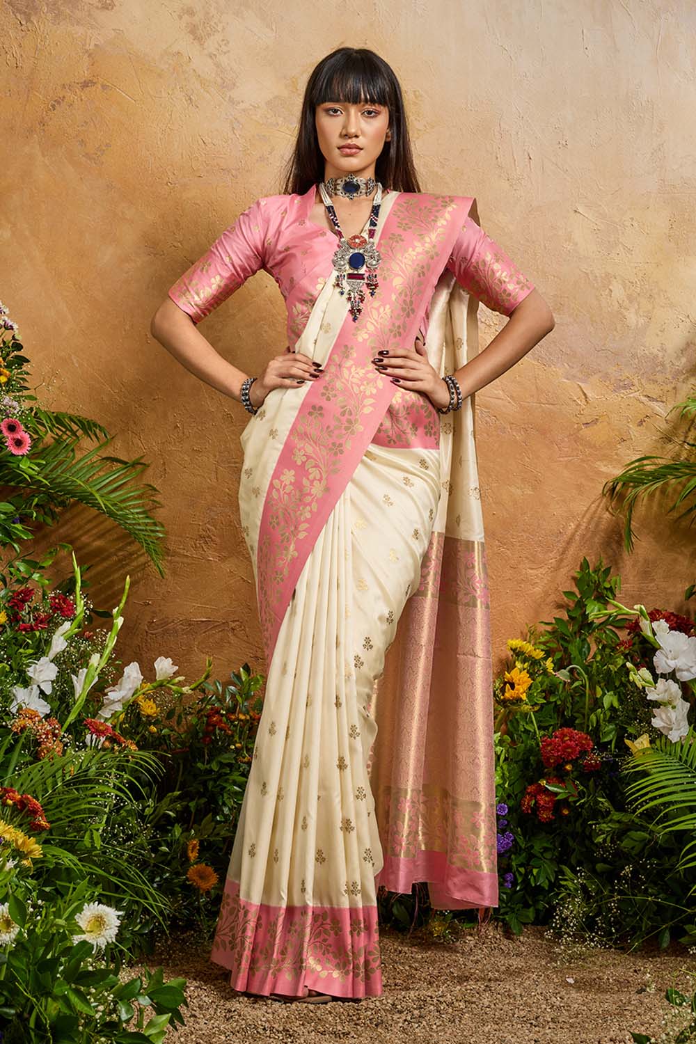 Roya Cream Pink Handloom Weaving Silk Ready to Wear Saree