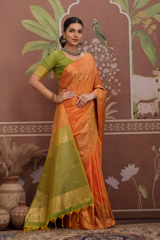 Reishi Orange Silk Handloom Woven With Zari Border Ready to Wear Saree