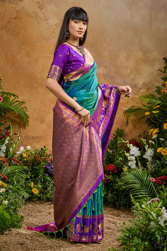 Reishi Peacock Blue Silk Handloom Woven Ready to Wear Saree