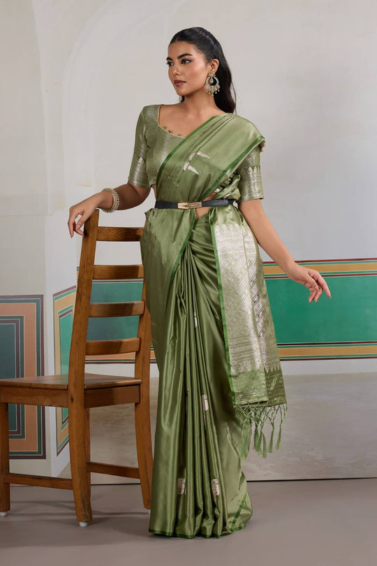 Casey Olive Green Pure Satin Handloom Weaving Ready to Wear Saree