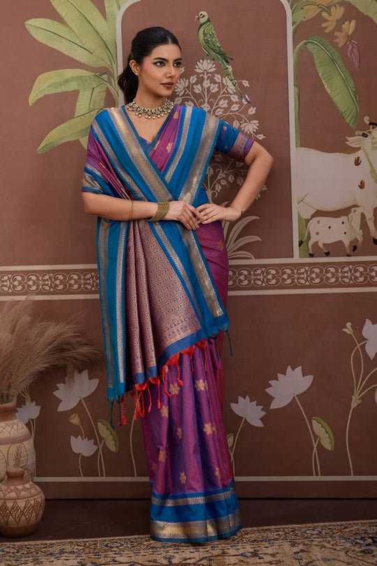 Nima Purple Tussar Silk Handloom Woven Ready to Wear Saree