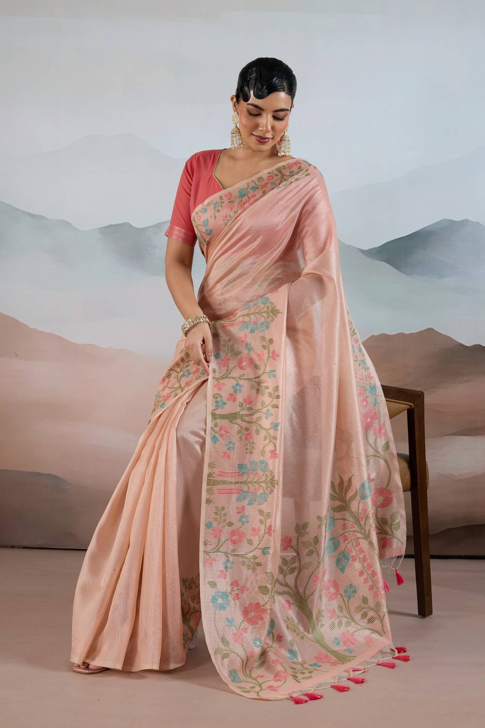 Gaila Soft Peach Handloom Zari Tissue Brasso Weaving Ready to Wear Saree