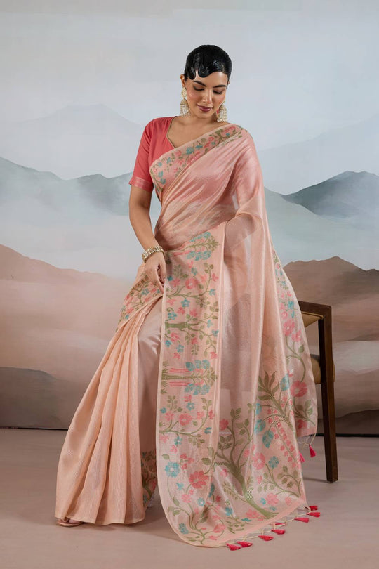 Gaila Soft Peach Handloom Zari Tissue Brasso Weaving Ready to Wear Saree