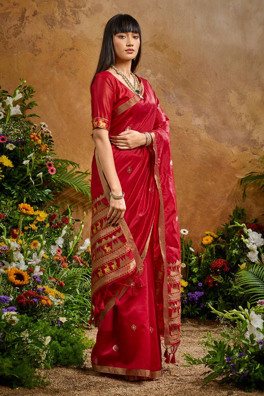 Nikka Rani Red Tussar Silk Handloom Woven Tribal Border Ready to Wear Saree