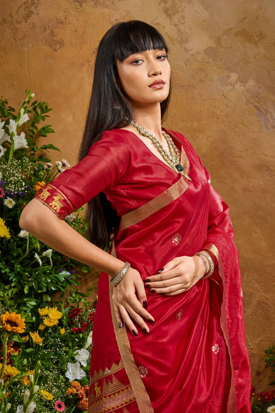 Nikka Rani Red Tussar Silk Handloom Woven Tribal Border Ready to Wear Saree