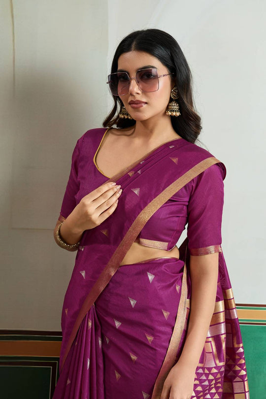 Usha Purple Tussar Silk Ikkat Handloom Weaving Ready to Wear Saree