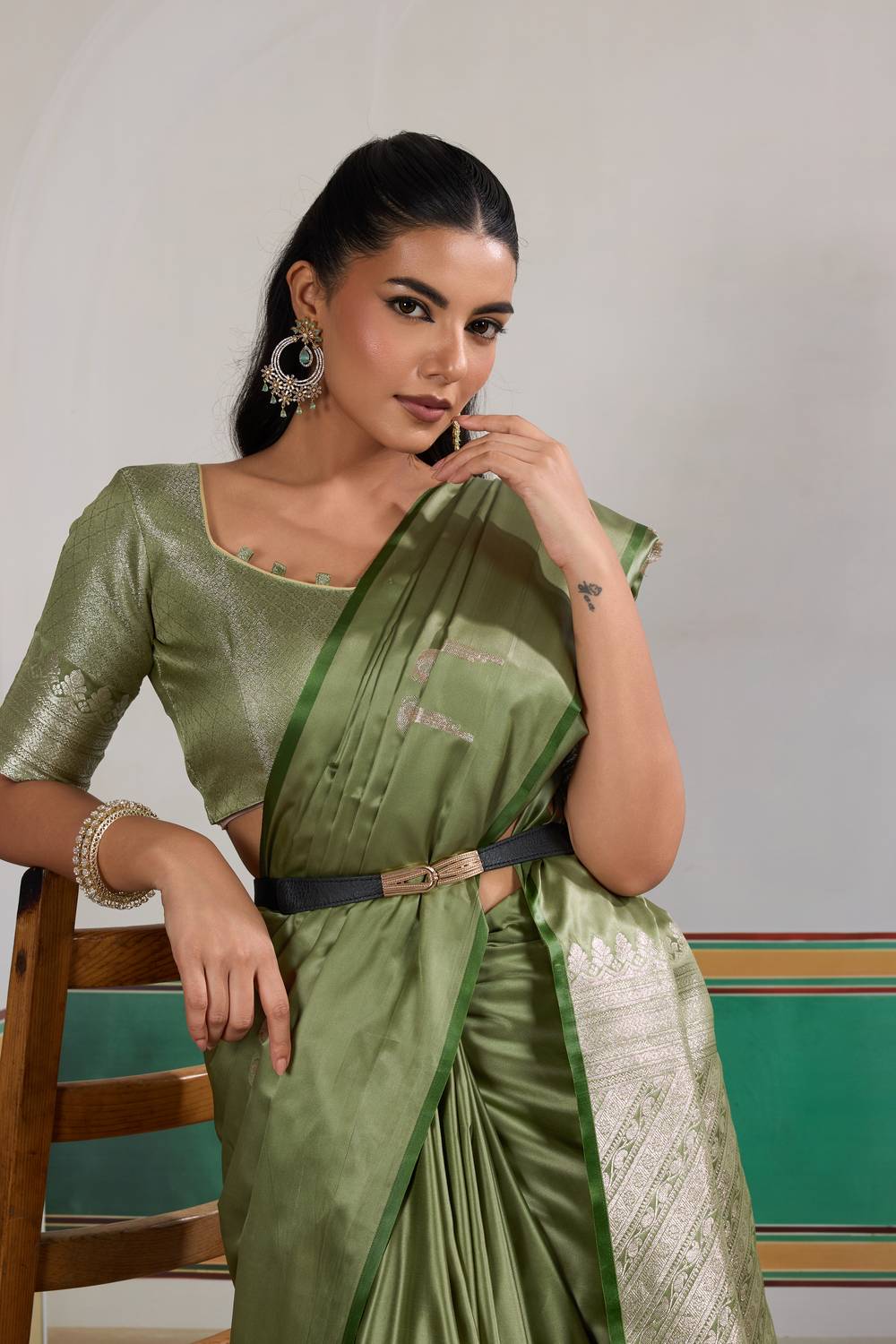 Casey Olive Green Pure Satin Handloom Weaving Ready to Wear Saree