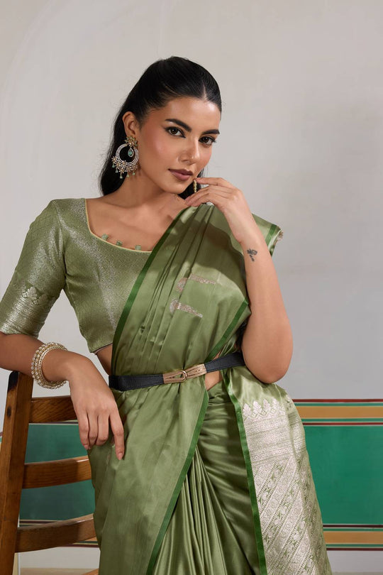 Casey Olive Green Pure Satin Handloom Weaving Ready to Wear Saree