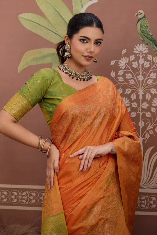Reishi Orange Silk Handloom Woven With Zari Border Ready to Wear Saree