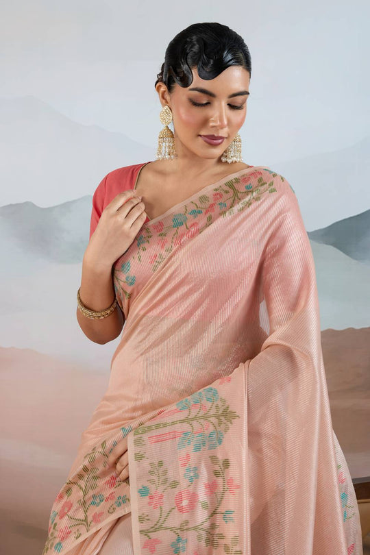 Gaila Soft Peach Handloom Zari Tissue Brasso Weaving Ready to Wear Saree