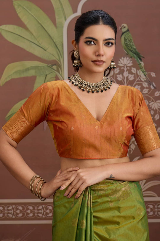 Reishi Light Green Silk Handloom Woven With Zari Border Ready to Wear Saree