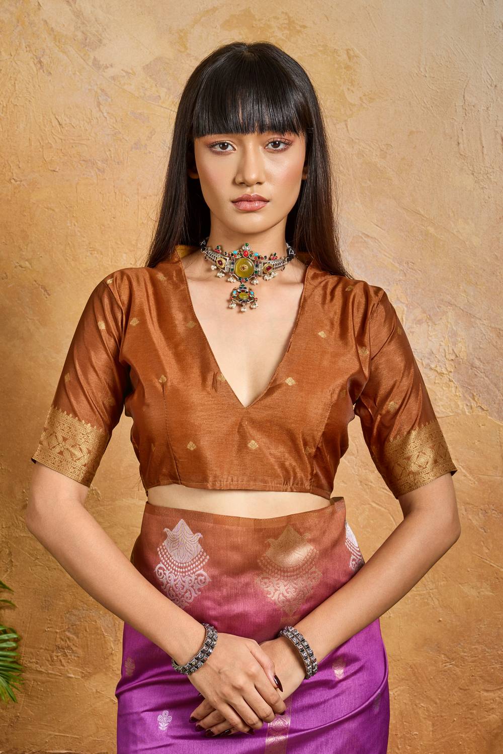 Suri Magenta & Copper Paper Silk With Zari Work Ready to Wear One Minute Saree