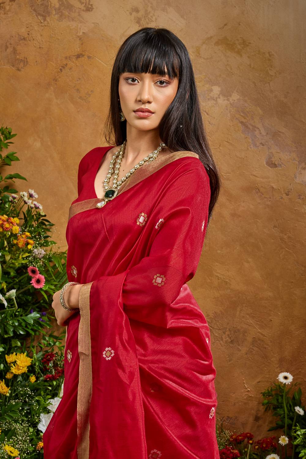 Nikka Rani Red Tussar Silk Handloom Woven Tribal Border Ready to Wear Saree