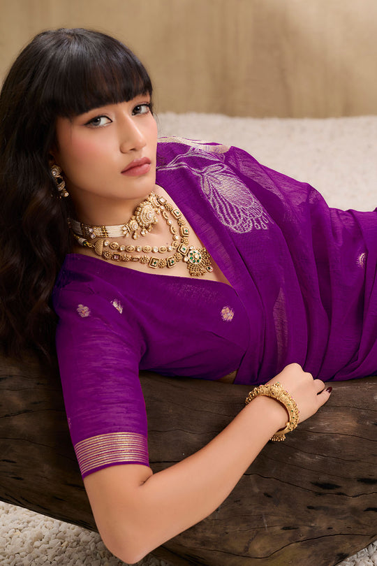 Samara Rich Purple Woven Soft Silk With Floral Motif Work Ready to Wear Saree