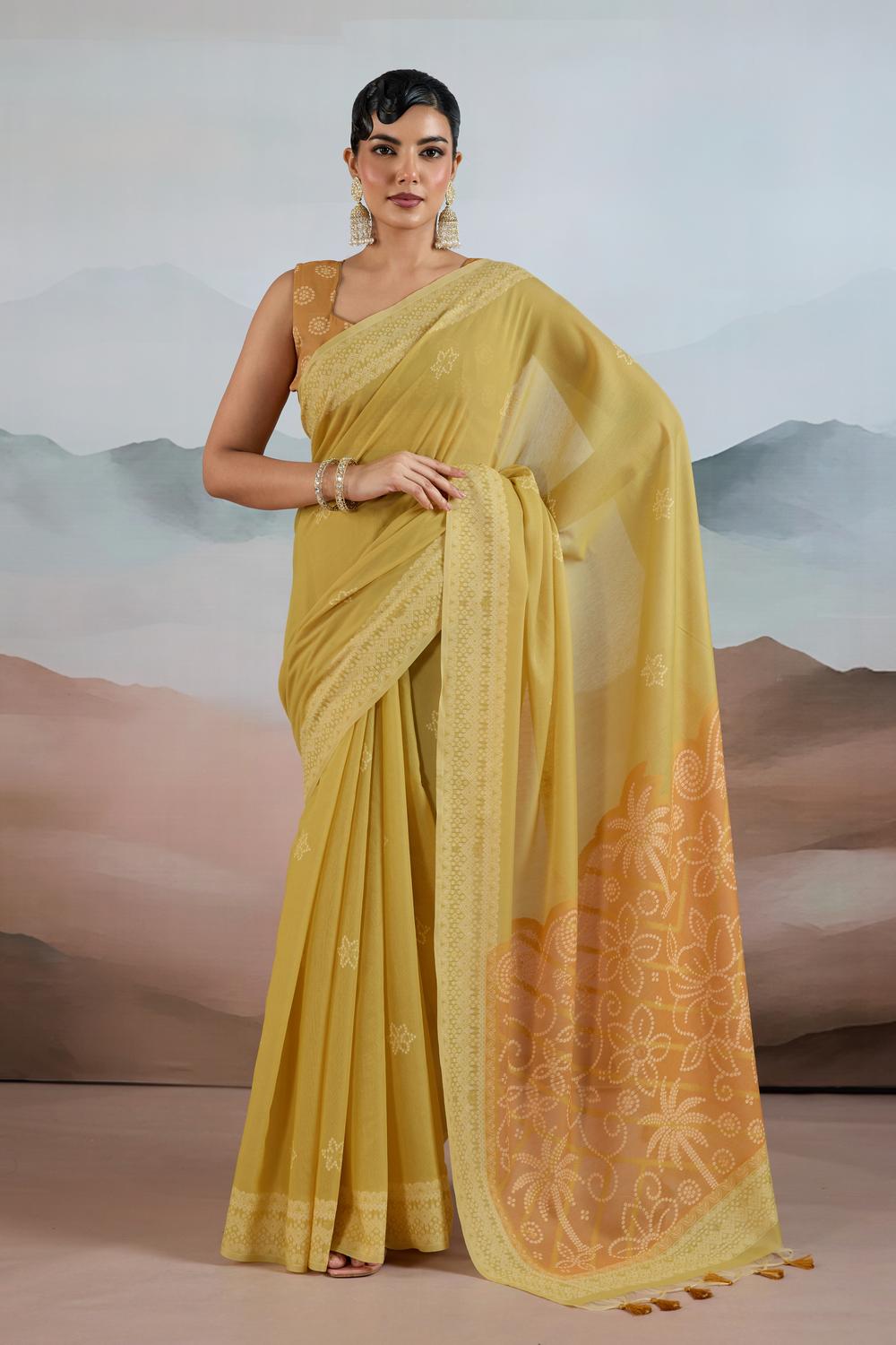 Neetu Mustard Yellow Pure Viscose Cotton Handloom Woven One Minute Saree