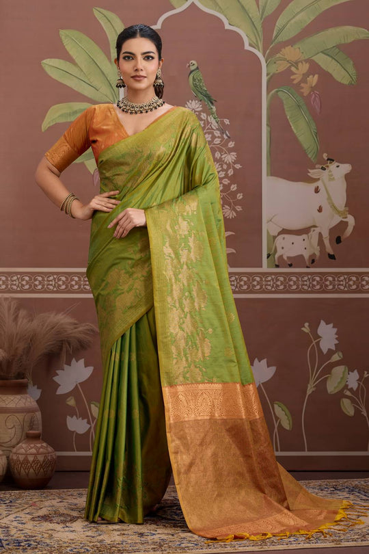 Reishi Light Green Silk Handloom Woven With Zari Border Ready to Wear Saree