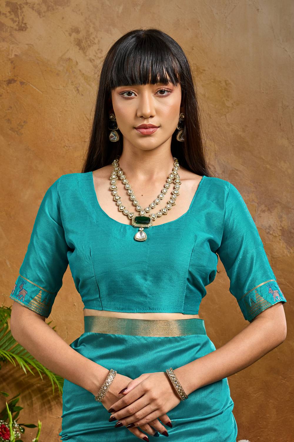 Nikka Teal Blue Tussar Silk Handloom Woven Tribal Border Ready to Wear Saree