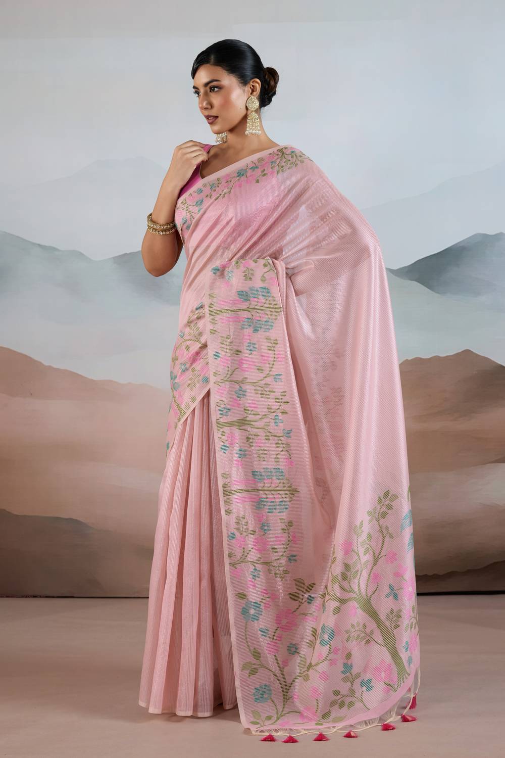 Gaila Light Pink Handloom Zari Tissue Brasso Weaving Ready to Wear Saree
