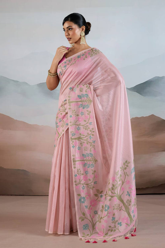 Gaila Light Pink Handloom Zari Tissue Brasso Weaving Ready to Wear Saree