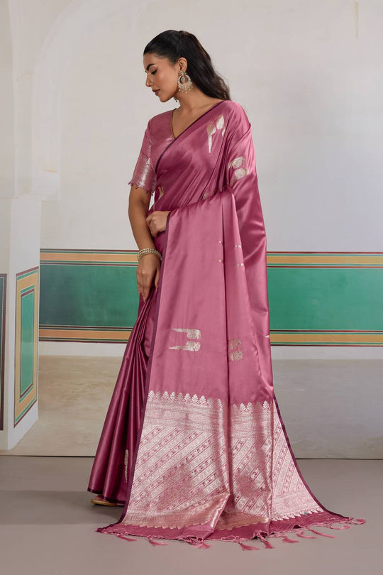Casey Rose Pink Pure Satin Handloom Weaving Ready to Wear Saree