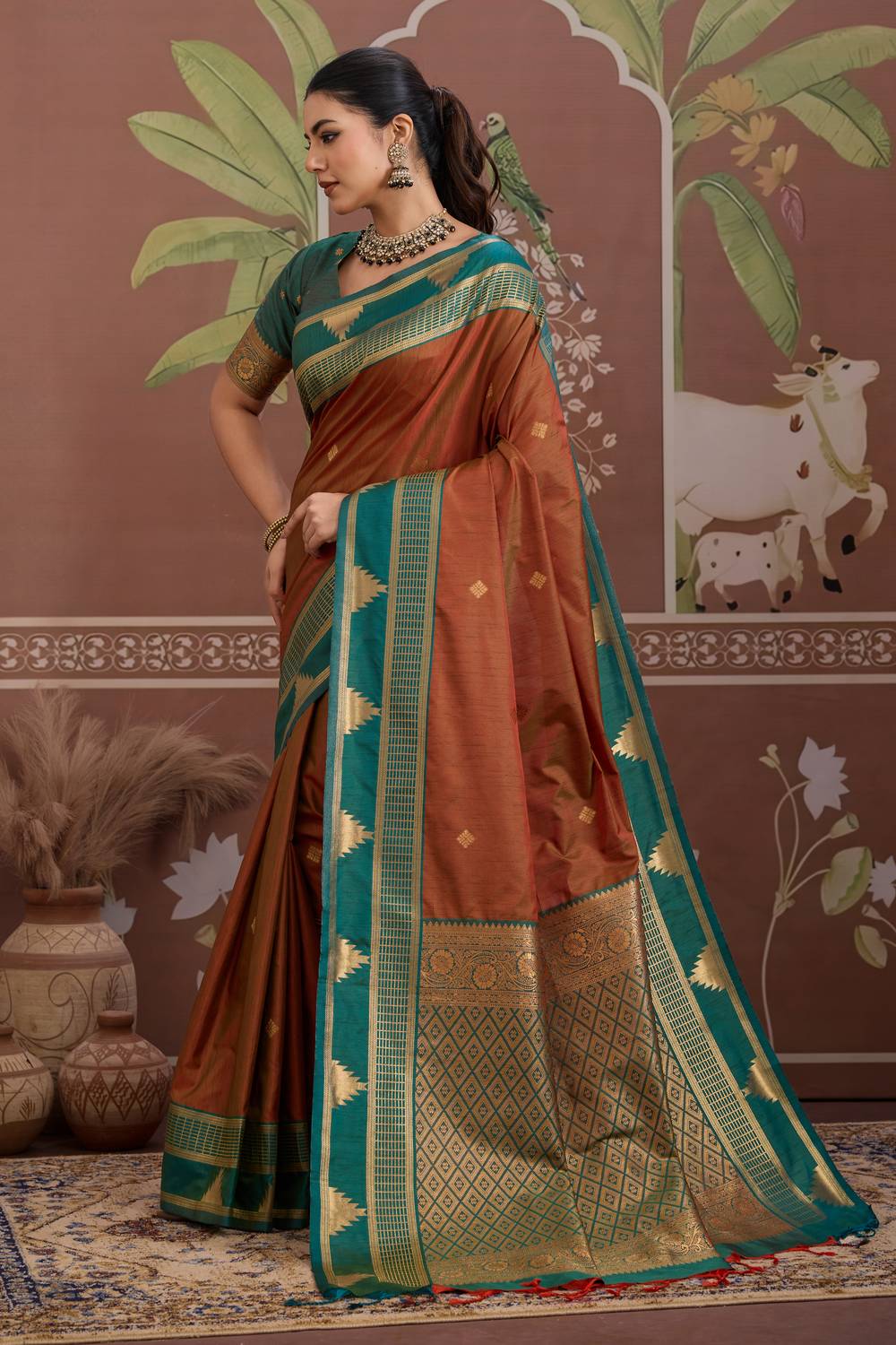 Tessa Burnt Orange Silk Woven With Zari Work Ready to Wear Saree