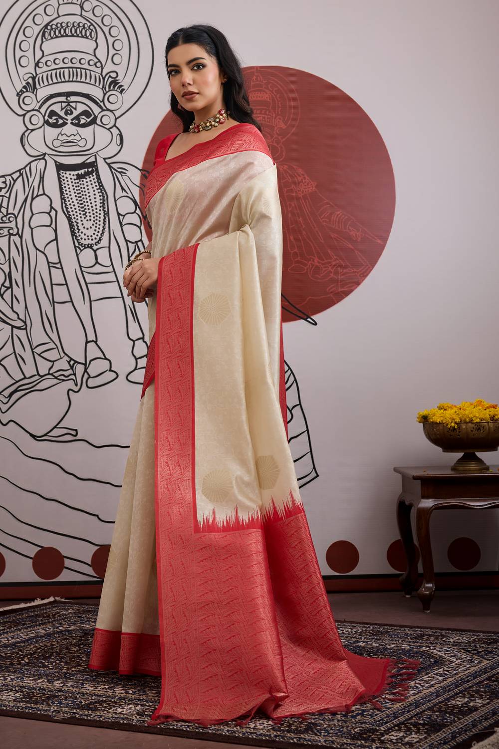 Mona Cream & Red Paper Silk Ready to Wear Saree