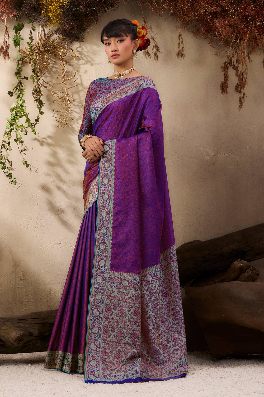 Jivana Royal Purple Pure Kanjivaram Weaving Silk Ready to Wear Saree