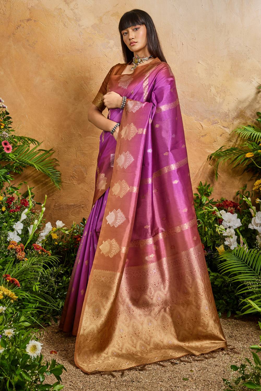Suri Magenta & Copper Paper Silk With Zari Work Ready to Wear One Minute Saree