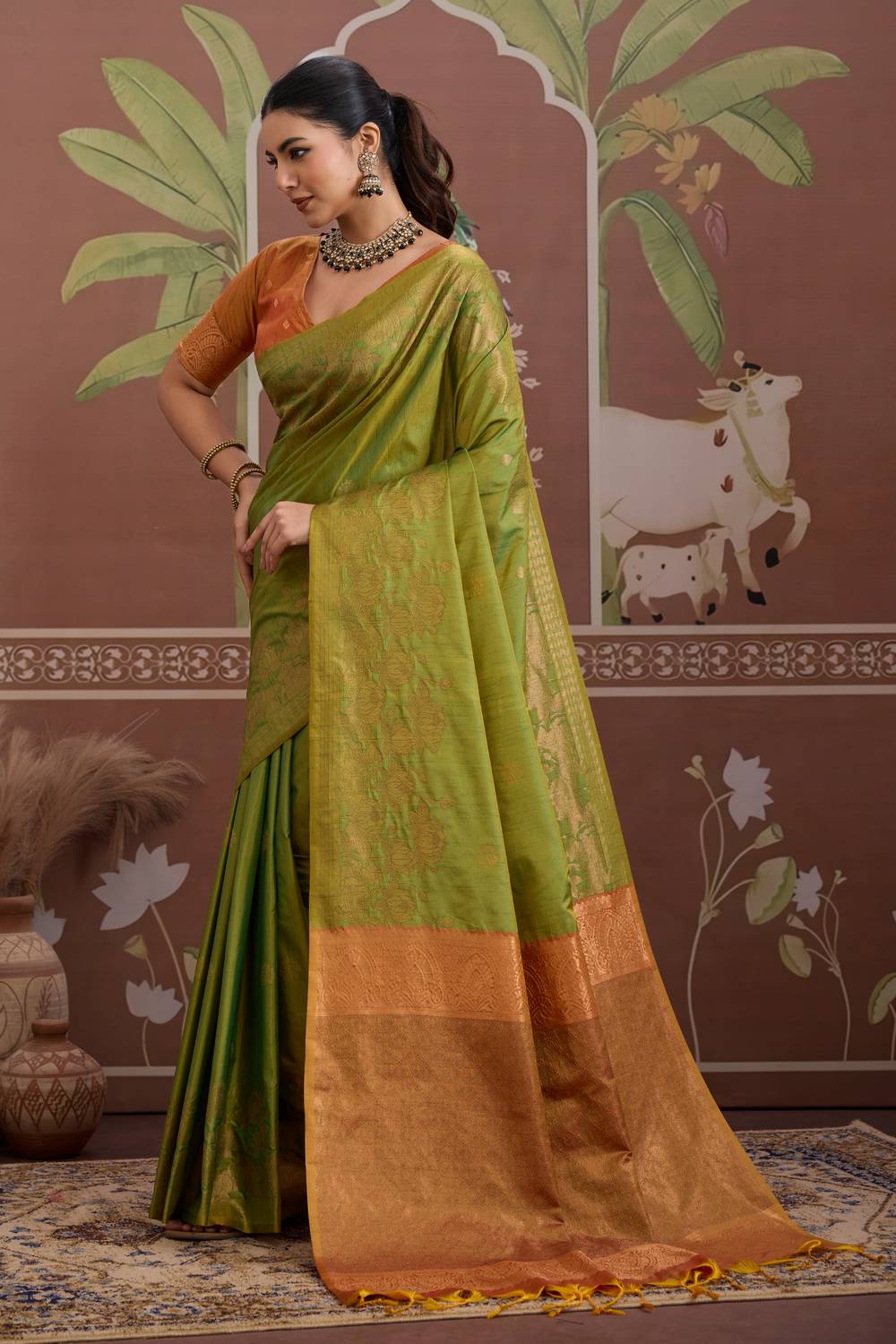 Reishi Light Green Silk Handloom Woven With Zari Border Ready to Wear Saree