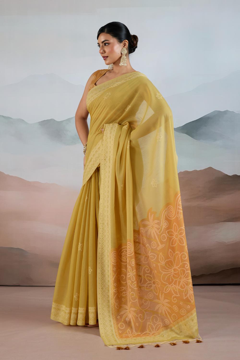 Neetu Mustard Yellow Pure Viscose Cotton Handloom Woven One Minute Saree