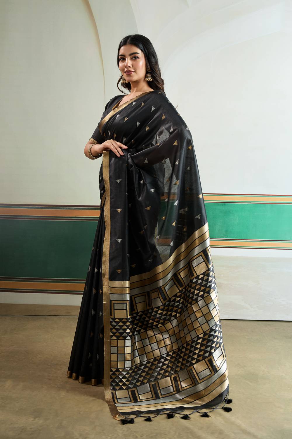 Usha Black Tussar Silk Ikkat Handloom Weaving Ready to Wear Saree
