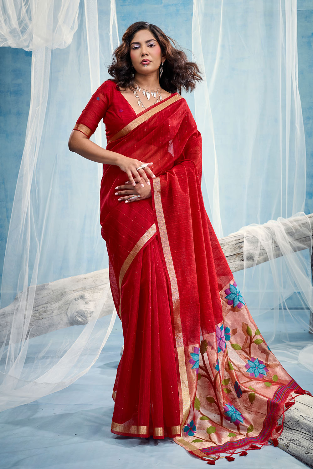 Sandhya Red Munga Silk Handloom Weaving Zari Work  Ready to Wear Saree