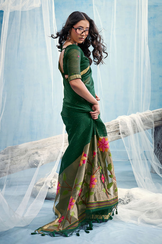 Sandhya Bottle Green Munga Silk Handloom Weaving Zari Work  Ready to Wear Saree