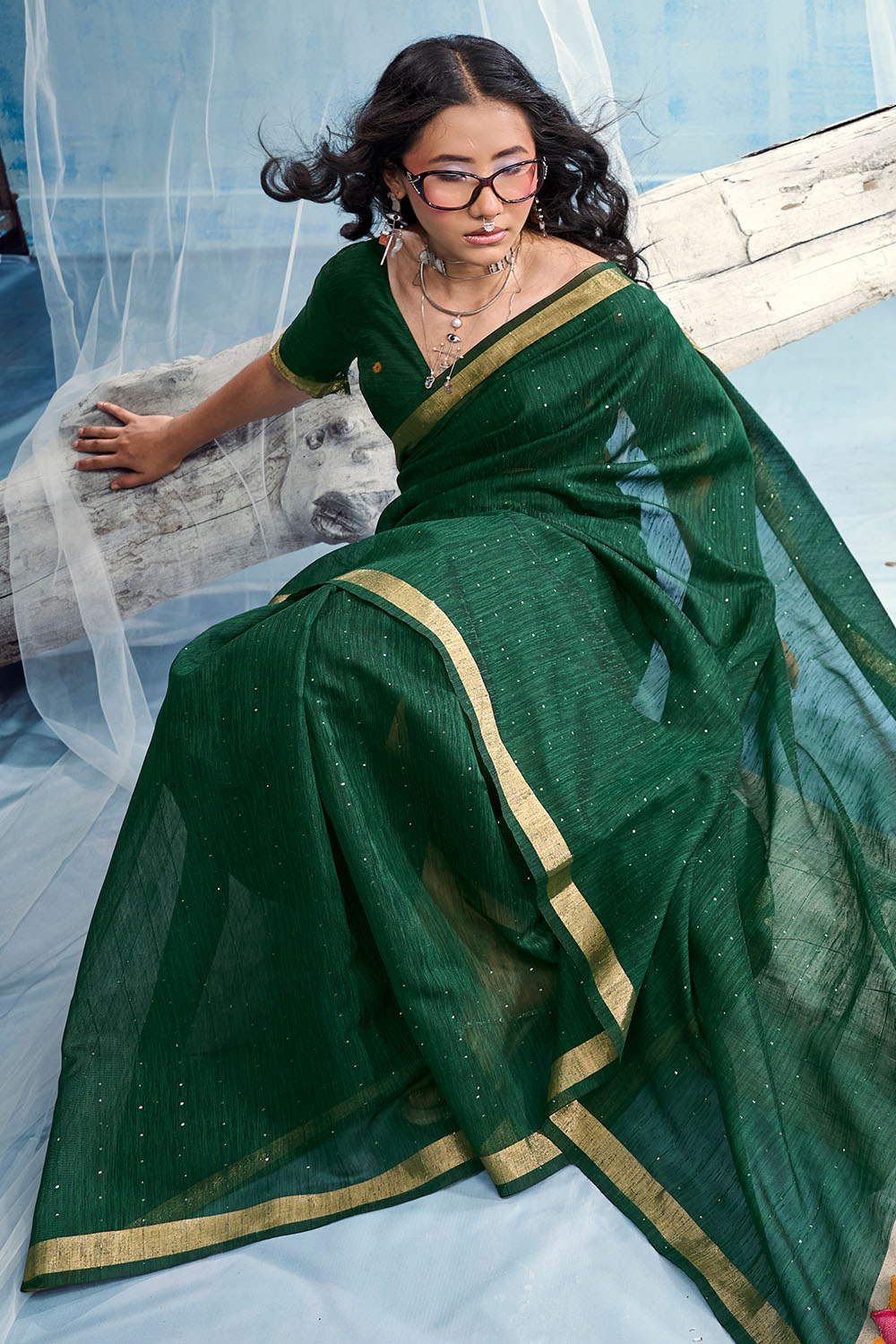 Sandhya Bottle Green Munga Silk Handloom Weaving Zari Work  Ready to Wear Saree