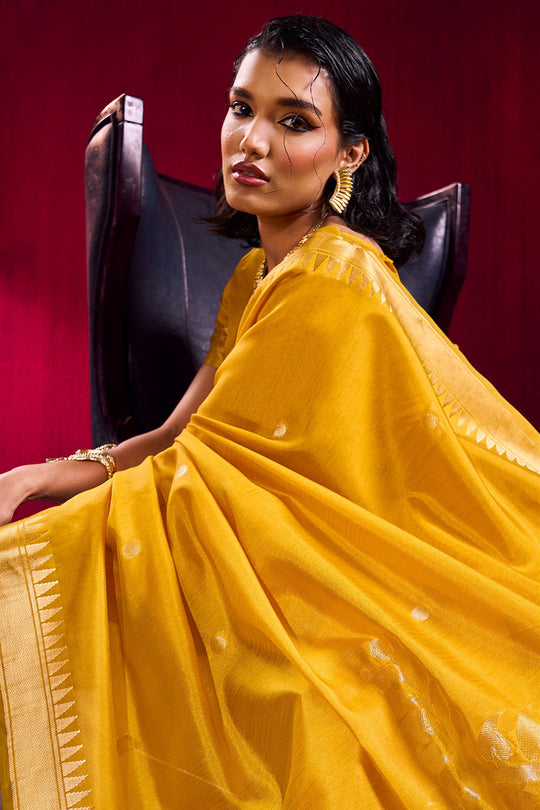 Nargis Mustard Yellow Satin Linen Handloom Weaving Silk Ready to Wear One Minute Saree