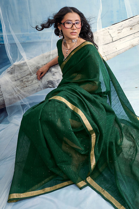 Sandhya Bottle Green Munga Silk Handloom Weaving Zari Work  Ready to Wear Saree