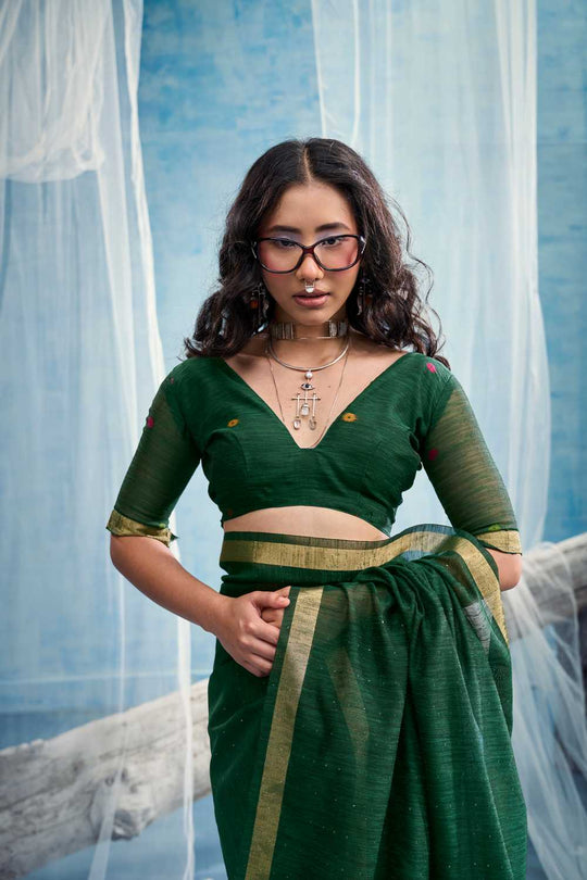 Sandhya Bottle Green Munga Silk Handloom Weaving Zari Work  Ready to Wear Saree