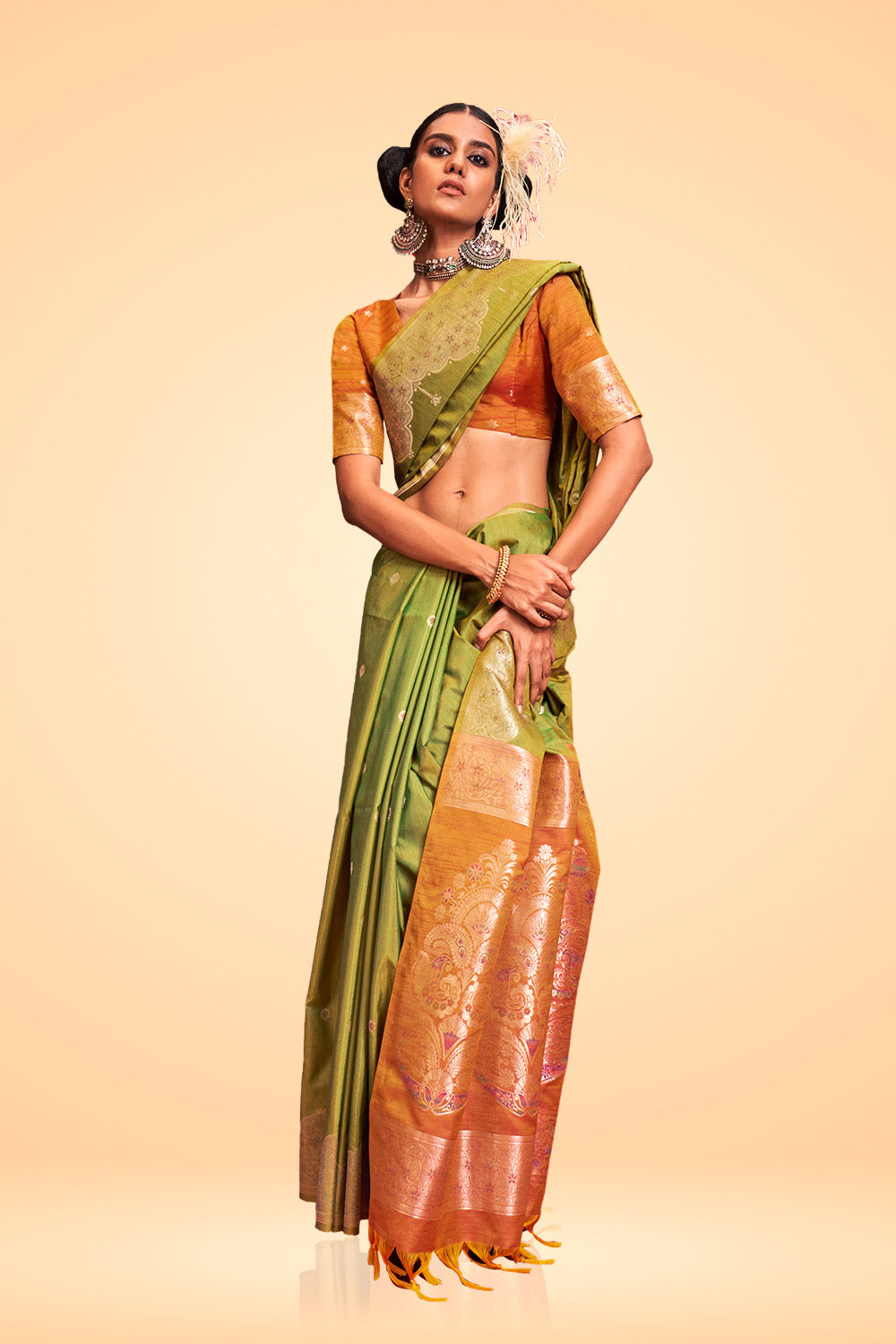 Anaya Green Tussar Silk Handloom Ikkat Pallu One Minute Saree