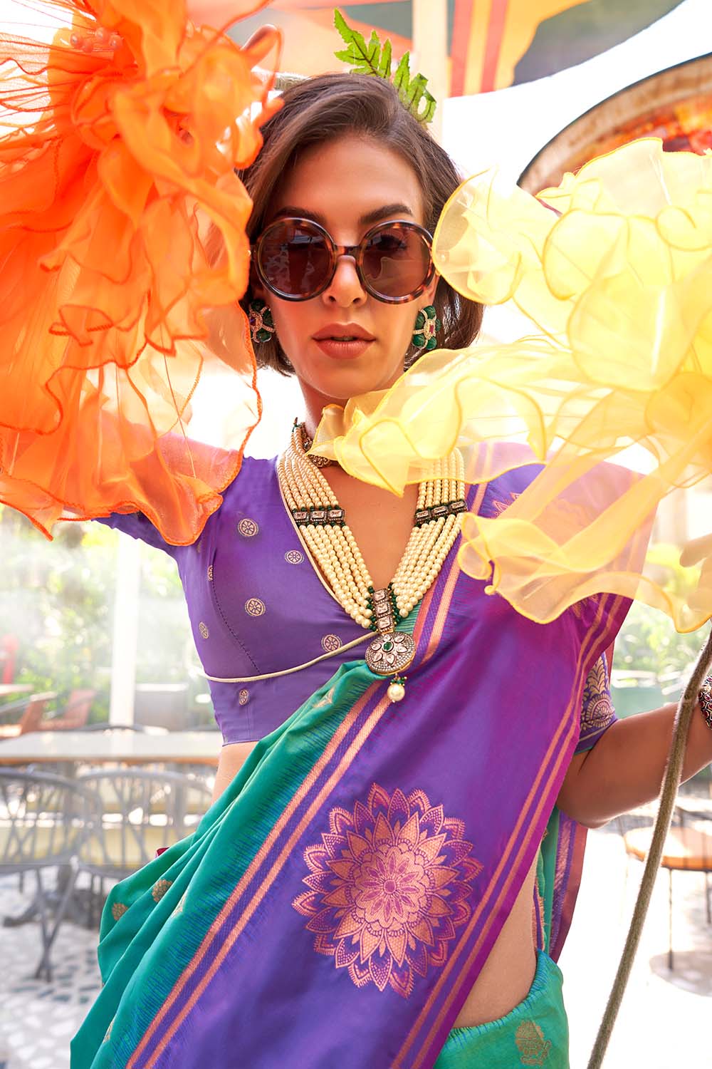 Uppal Green Two Tone Contrast Handloom Weaving Silk One Minute Saree