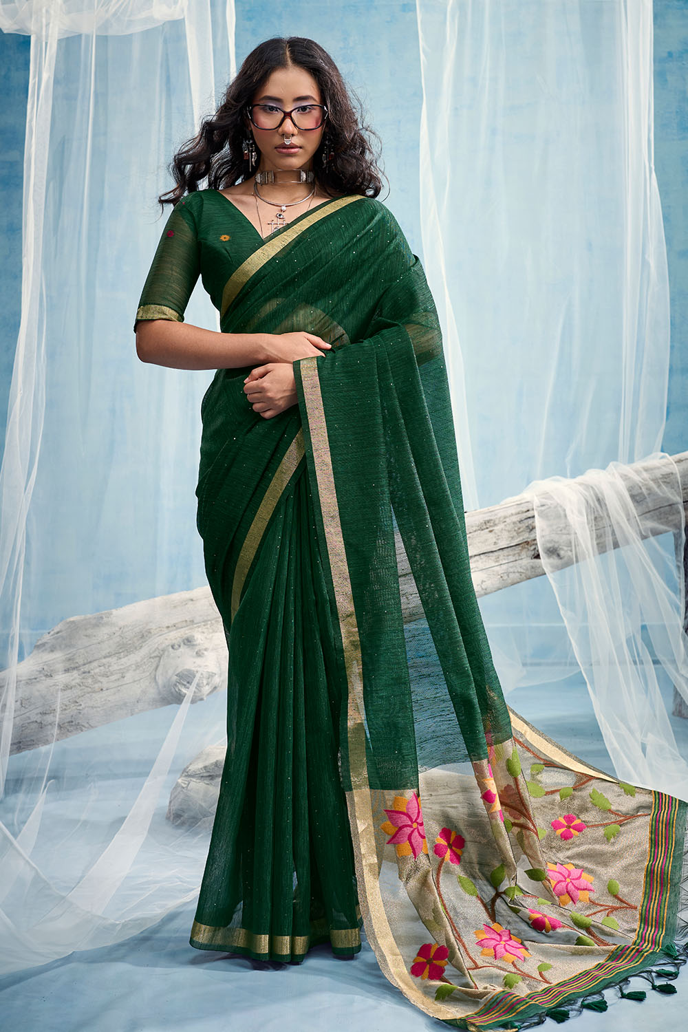 Sandhya Bottle Green Munga Silk Handloom Weaving Zari Work  Ready to Wear Saree