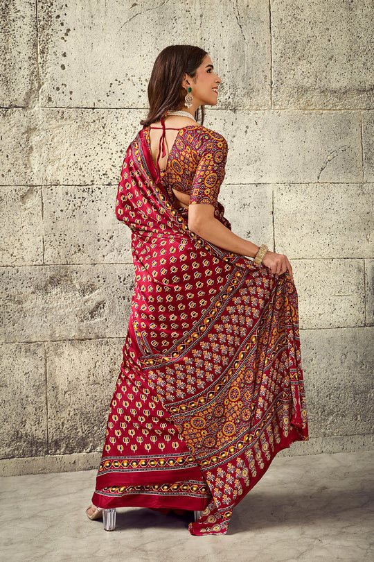 Karishma Red Modal Satin Ajrakh Print Ready to Wear Saree