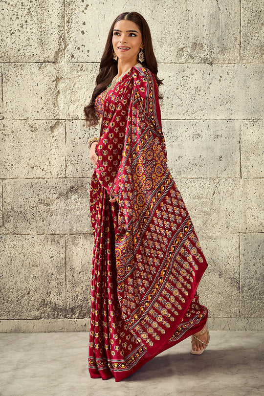 Karishma Red Modal Satin Ajrakh Print Ready to Wear Saree