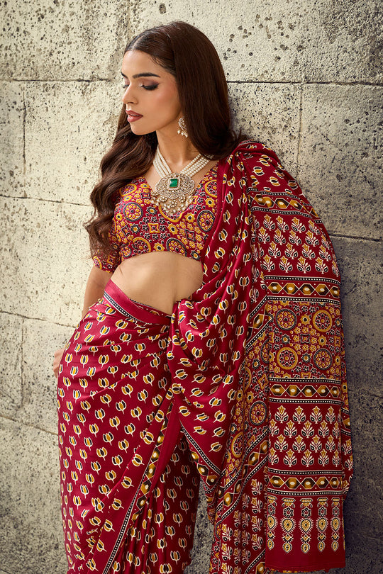 Karishma Red Modal Satin Ajrakh Print Ready to Wear Saree