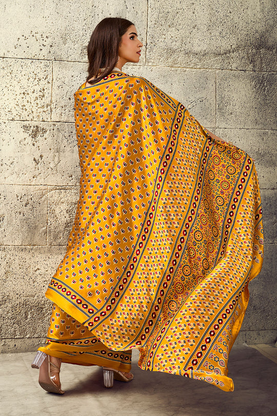 Karishma Mustard Yellow Modal Satin Ajrakh Print Ready to Wear Saree