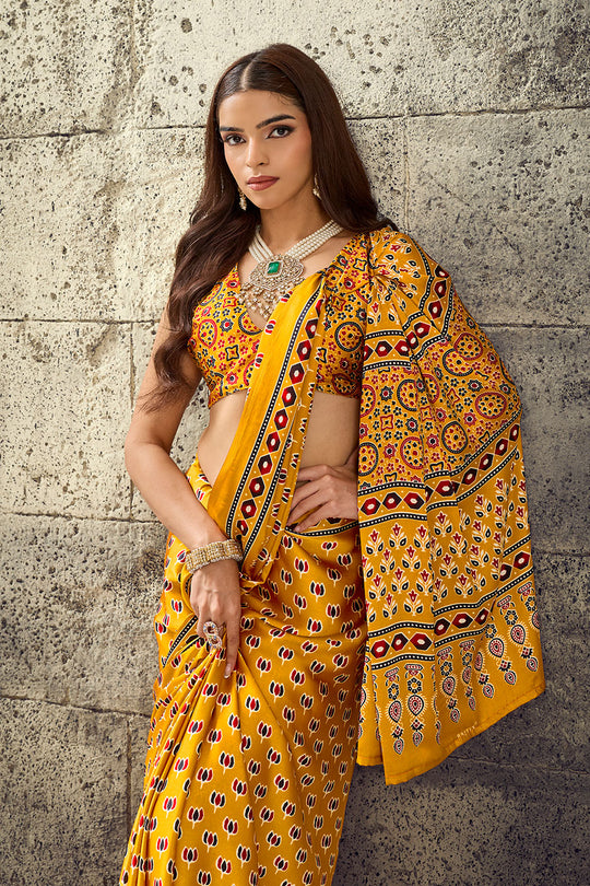 Karishma Mustard Yellow Modal Satin Ajrakh Print Ready to Wear Saree