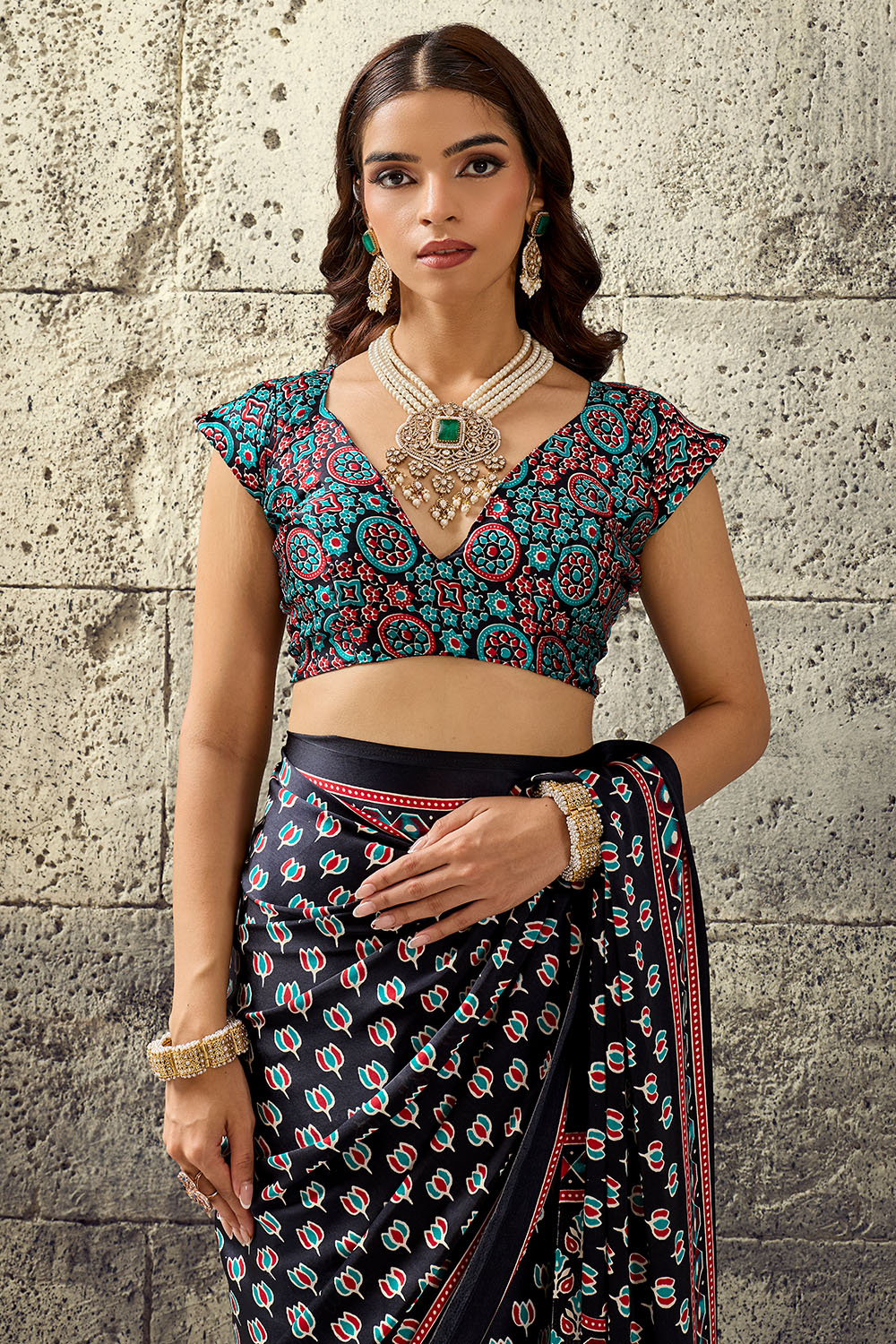 Karishma Black Modal Satin Ajrakh Print Ready to Wear Saree