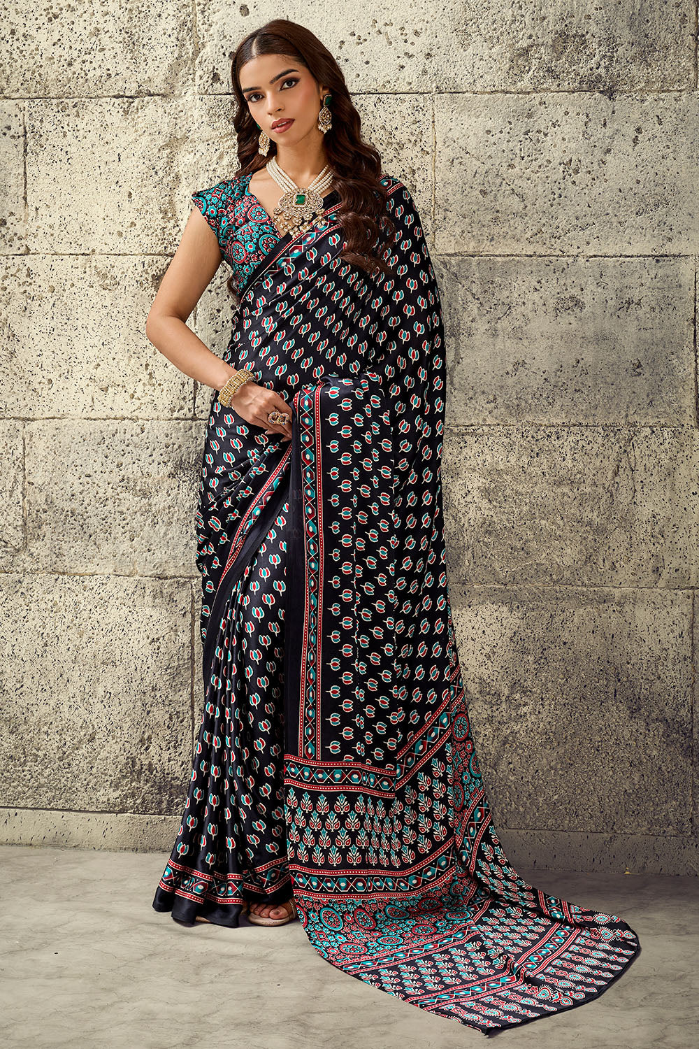 Karishma Black Modal Satin Ajrakh Print Ready to Wear Saree