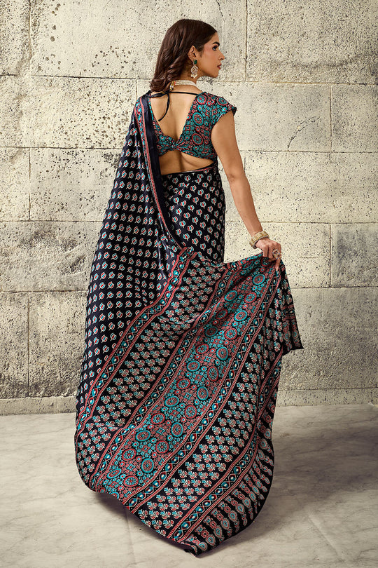 Karishma Black Modal Satin Ajrakh Print Ready to Wear Saree