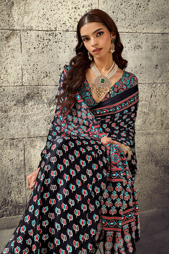 Karishma Black Modal Satin Ajrakh Print Ready to Wear Saree
