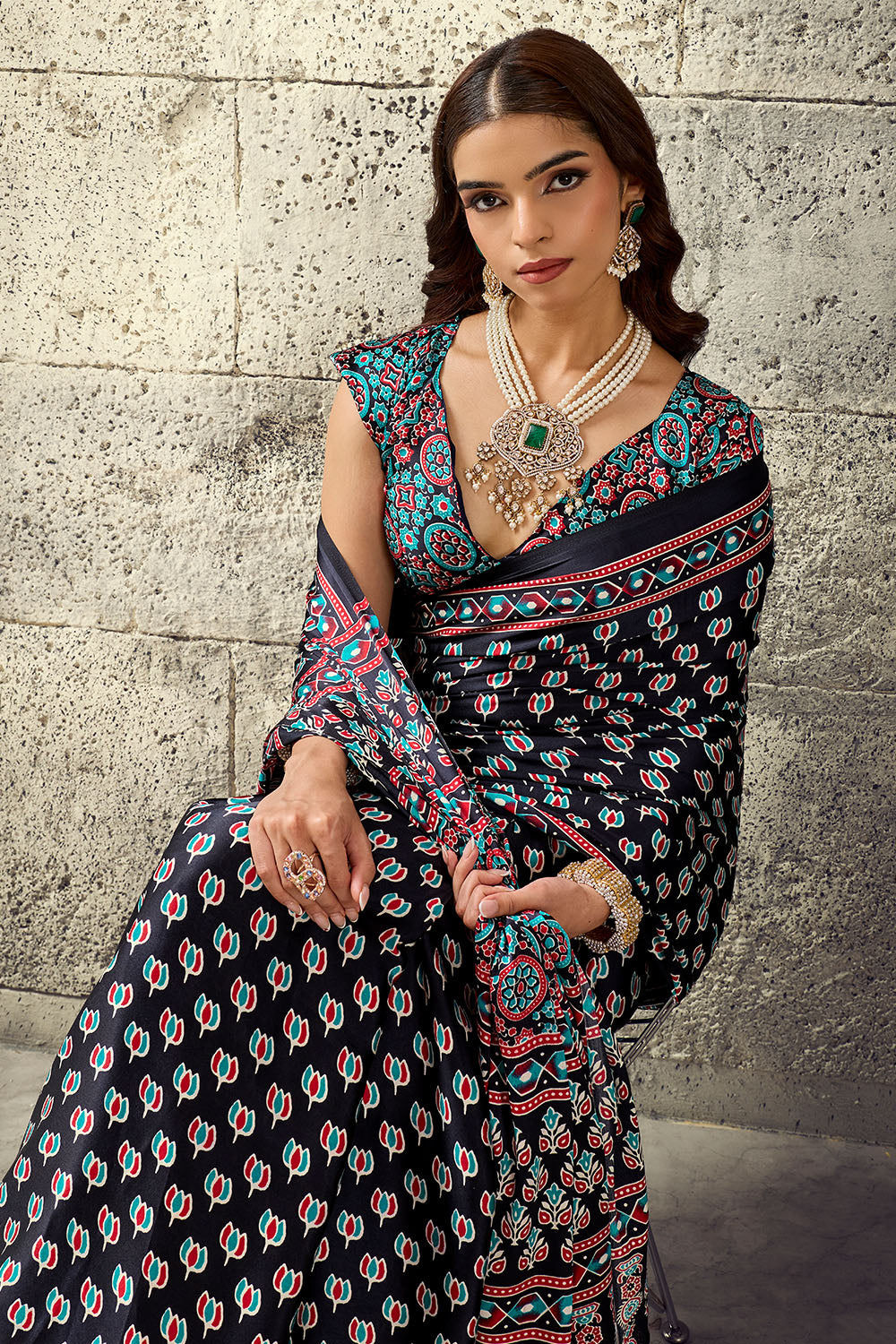 Karishma Black Modal Satin Ajrakh Print Ready to Wear Saree